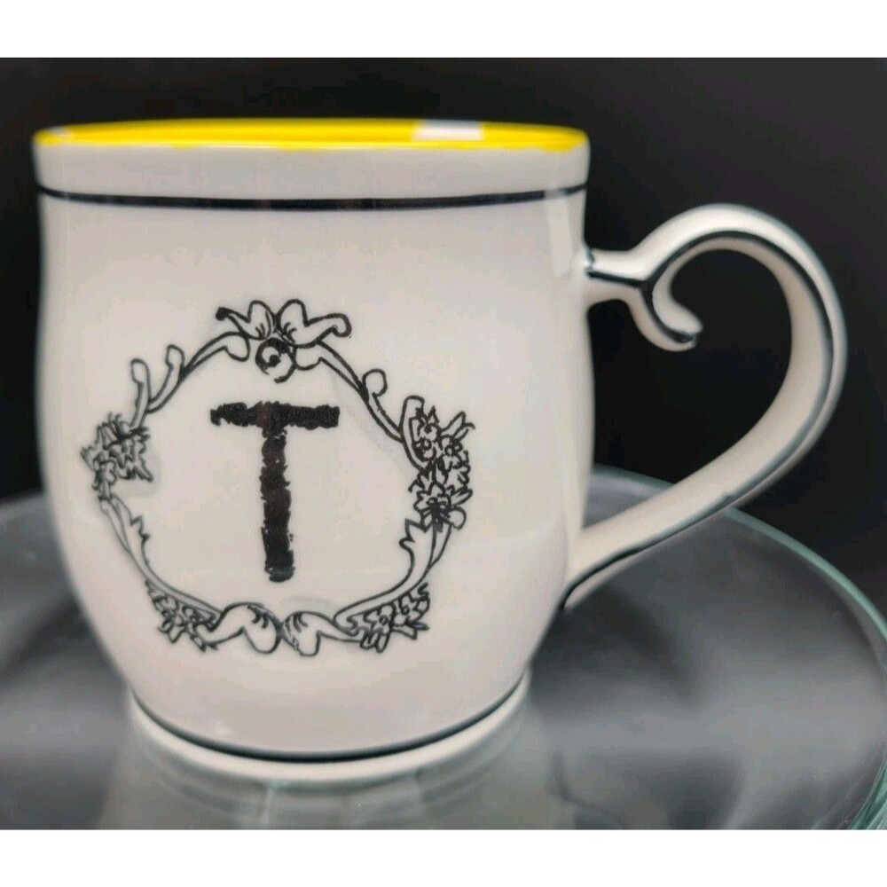 Katie Mandy Monogram Mug "T” Initial Letter Cup White Yellow 14 oz. Anthropolgy